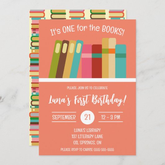 本のために！子供の最初の誕生日パーティー 招待状 (正面/裏面)