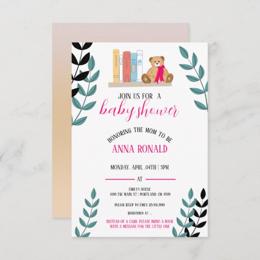 本ののまわりにテーマを中心に赤ちゃんシャワー 招待状 (正面/裏面)