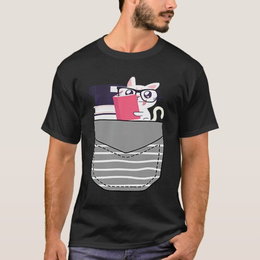 本のオタク 猫のポケットに本 Tシャツ (正面)