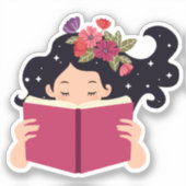 本のシールを読むかわいい花の女の子 シール (正面)