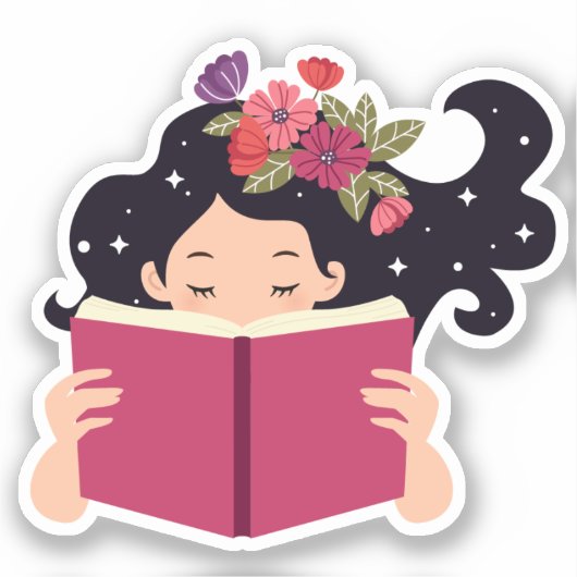 本のシールを読むかわいい花の女の子 シール (正面)