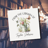 本のシール、蔵書票フローラ水やり缶 スクエアシール