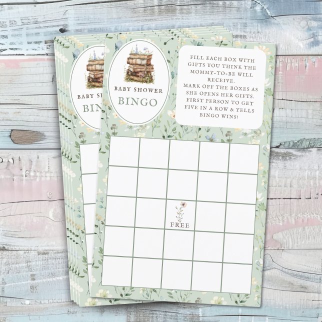 本のスタック赤ちゃんシャワー'ギフトビンゴ'ゲームシート (Fun baby shower game. Gift bingo for guests. sage green)