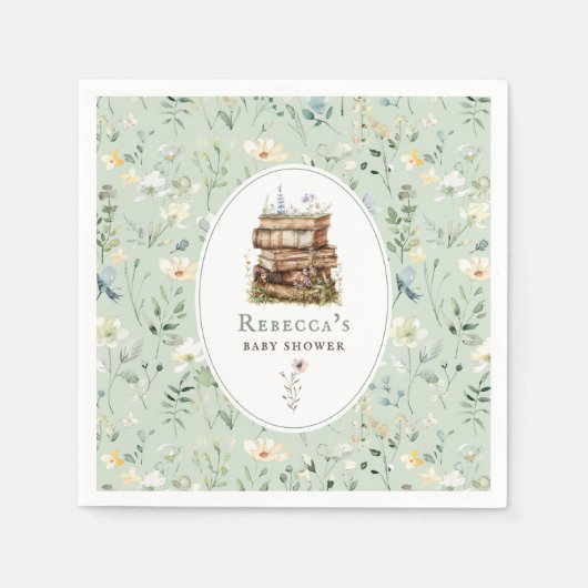 本のスタック赤ちゃんシャワー水色、ワイルドフラワー スタンダードカクテルナプキン (正面)