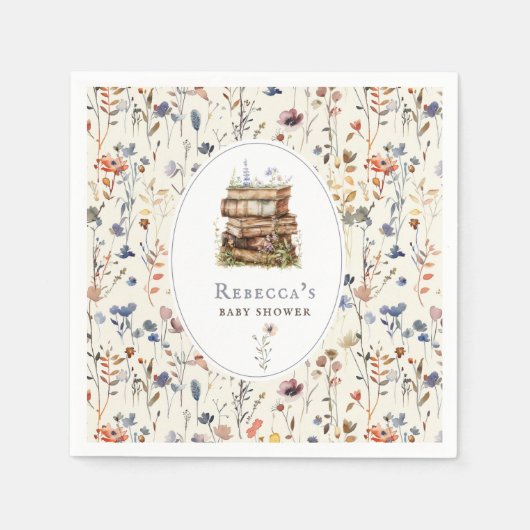 本のスタック赤ちゃんシャワー水色、ワイルドフラワー スタンダードカクテルナプキン (正面)