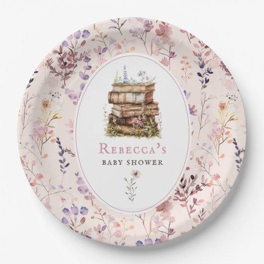 本のスタック赤ちゃんシャワー水色、ワイルドフラワー ペーパープレート (正面)