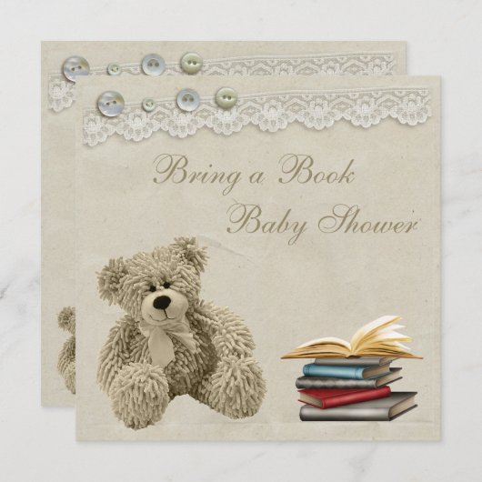 本のテディのヴィンテージのレースのベビーシャワーを持って来て下さい 招待状 (正面/裏面)