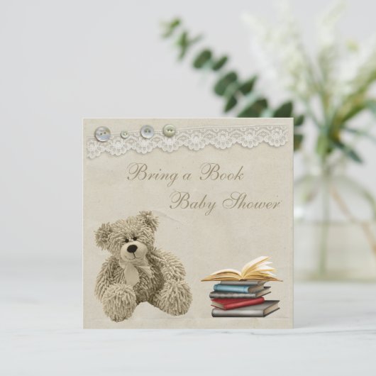 本のテディのヴィンテージのレースのベビーシャワーを持って来て下さい 招待状 (スタンド正面)