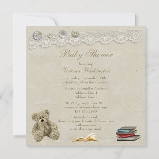 本のテディのヴィンテージのレースのベビーシャワーを持って来て下さい 招待状 (裏面)