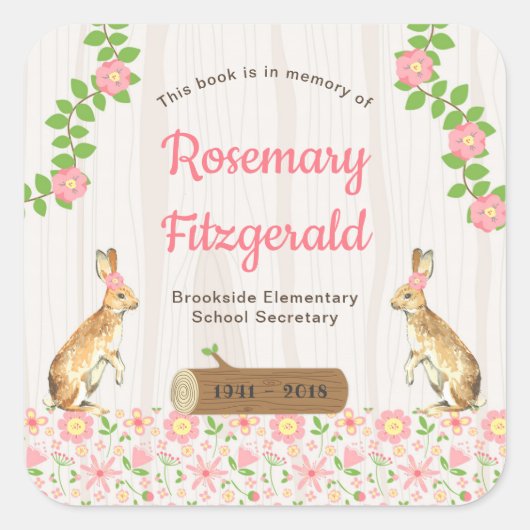 本のプレートのメモリーに、華やかなウサギ スクエアシール (正面)