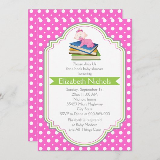 本のベビーガールシャワーピンク白い水玉模様パターン 招待状 (正面/裏面)