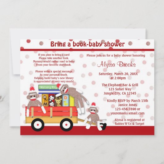 本のベビーシャワーの招待のソックス猿を持って来て下さい 招待状 (正面)