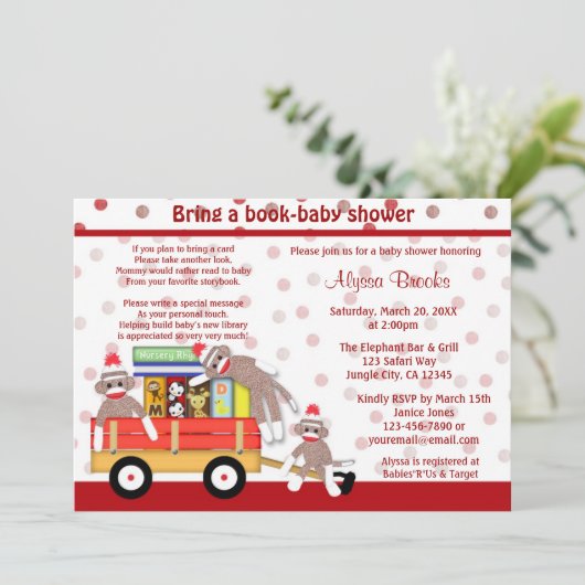 本のベビーシャワーの招待のソックス猿を持って来て下さい 招待状 (スタンド正面)