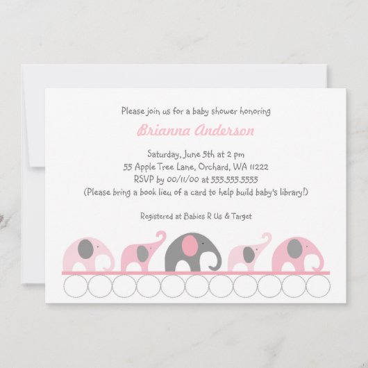 本のベビーシャワーの招待のピンク及び灰色象 招待状 (正面)