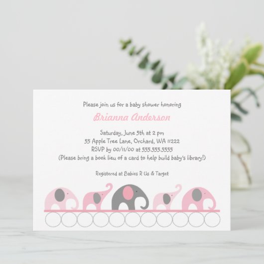 本のベビーシャワーの招待のピンク及び灰色象 招待状 (スタンド正面)