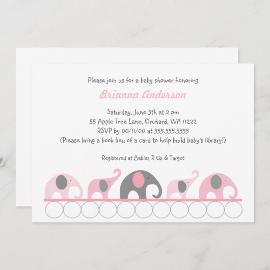 本のベビーシャワーの招待のピンク及び灰色象 招待状 (正面/裏面)