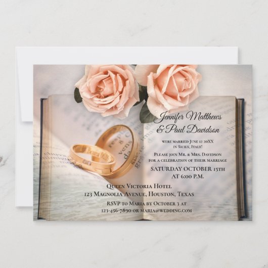 本のローズ 結婚後パーティーまたは挙式後のお披露目招待状 招待状 (正面)