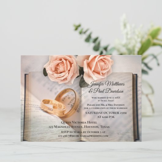 本のローズ 結婚後パーティーまたは挙式後のお披露目招待状 招待状 (スタンド正面)