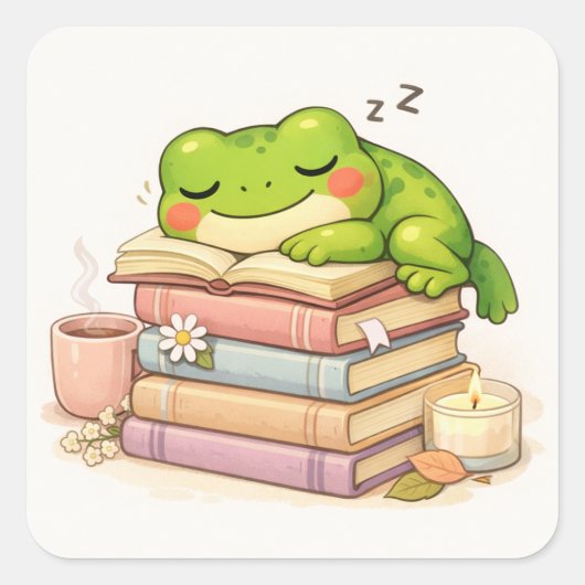 本の上で眠るかわいいカエル スクエアシール (正面)