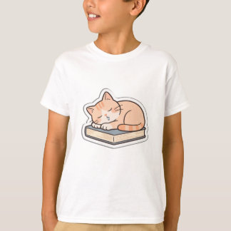 本の上のかわいい眠り猫 キッズTシャツ Tシャツ