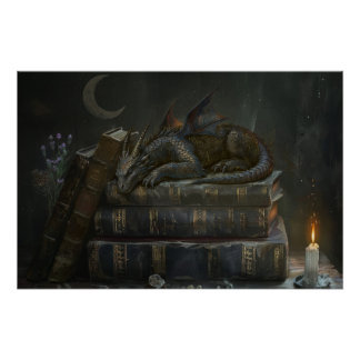 本の上の幻想的なドラゴン壁画 | ダークアカデミア ポスター