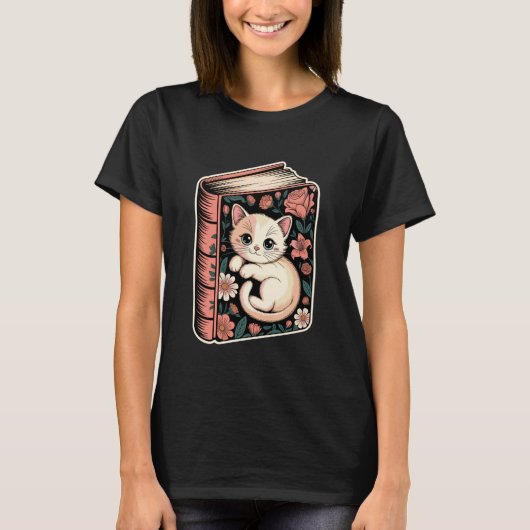 本の上の猫と花と蝶々 1 Tシャツ (正面)
