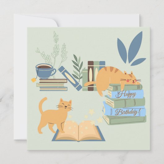 本の上の猫の誕生日 カード (正面)