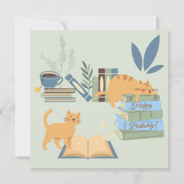 本の上の猫の誕生日 カード