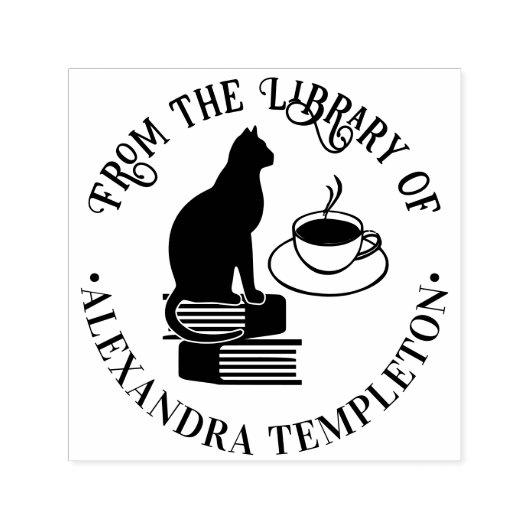 本の上の猫、カフェ、図書館、本の名前 セルフインキングスタンプ (デザイン)