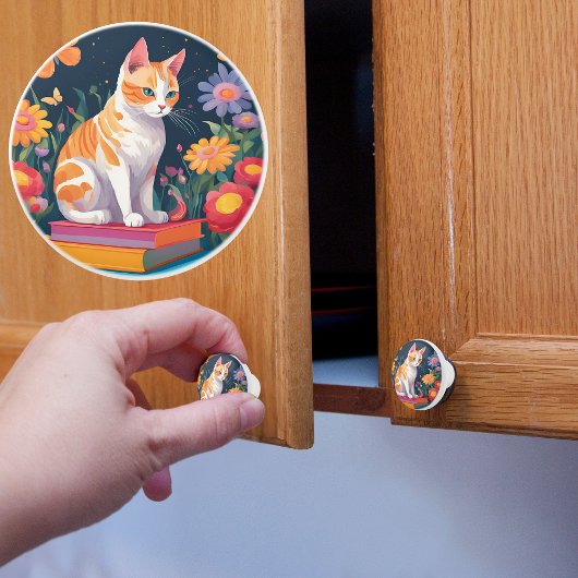 本の上の猫 セラミックノブ