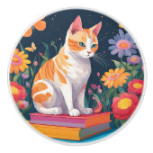 本の上の猫 セラミックノブ (正面)