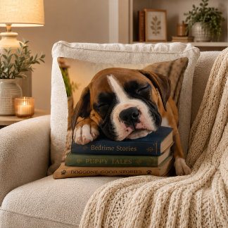 本の上の眠そうな子犬 クッション