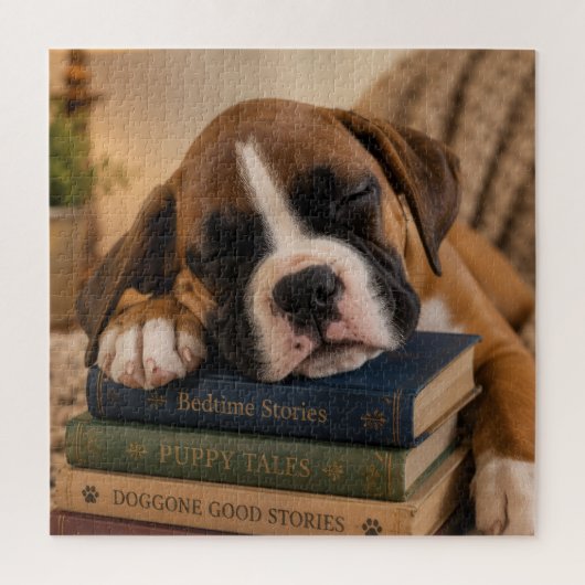 本の上の眠そうな子犬 ジグソーパズル (縦)