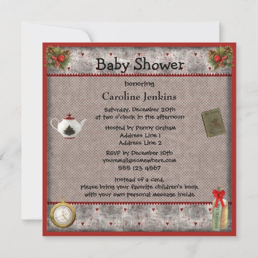 本の不思議の国のクリスマス·ベビーシャワーを持って来る 招待状 (裏面)