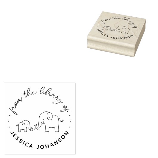 本の図書館からのかわいいゾウの家族 ラバースタンプ (押印)