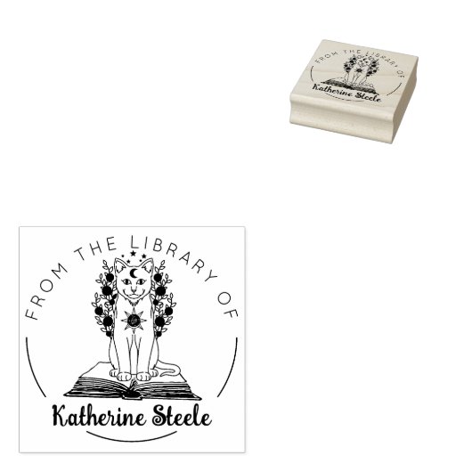 本の図書館の神秘的な猫 ラバースタンプ (押印)