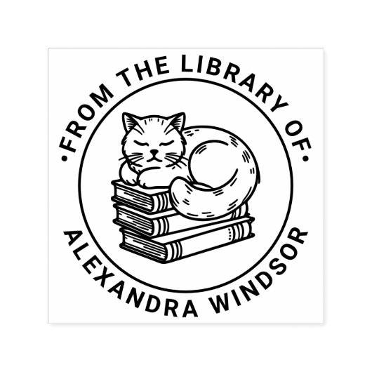 本の山で寝る猫 - 図書館の本の名前 セルフインキングスタンプ (デザイン)