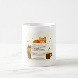本の山と眠る猫のマグカップ コーヒーマグカップ