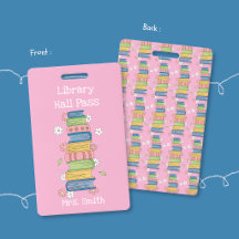 本の山と花 ピンクの図書館ホールパス バッジ