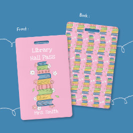 本の山と花 ピンクの図書館ホールパス バッジ