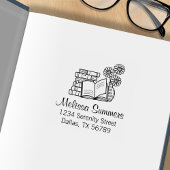 本の山と開いた本と花の住所 ラバースタンプ