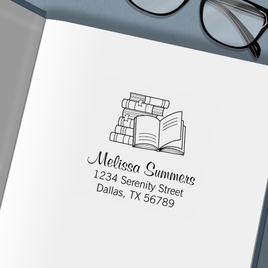 本の山と開いた本の住所 セルフインキングスタンプ