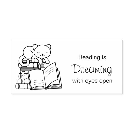 本の山の上にかわいい猫読引用文 ラバースタンプ (インプリント)