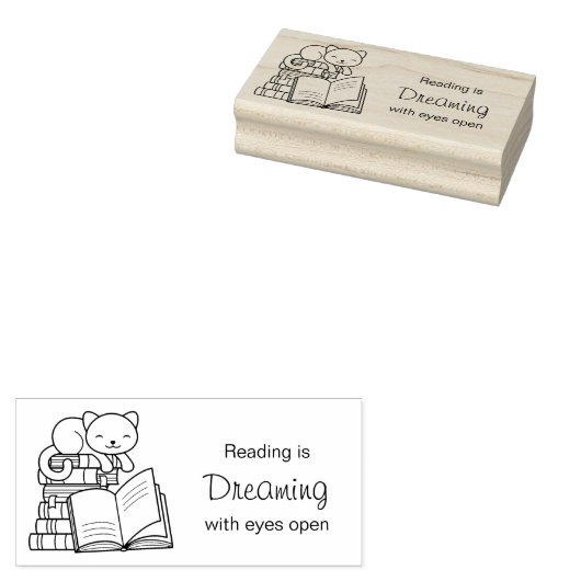 本の山の上にかわいい猫読引用文 ラバースタンプ (押印)