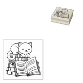 本の山の上にかわいい猫 – 蔵書票 ラバースタンプ (押印)