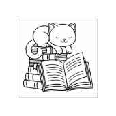 本の山の上にかわいい猫 – 蔵書票 ラバースタンプ (インプリント)