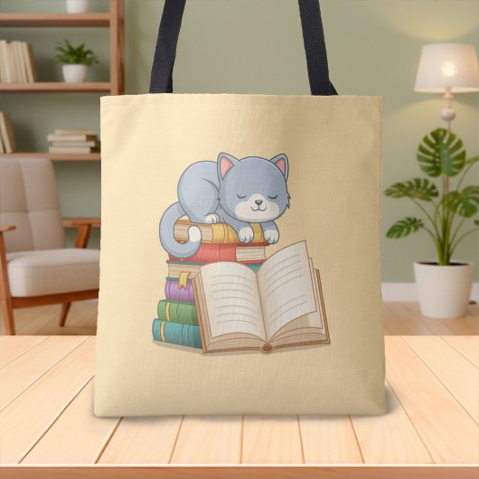 本の山の上の可愛い猫 黄色 トートバッグ