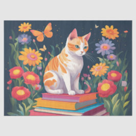 本の山の上の猫 薄葉紙