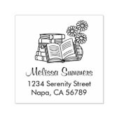 本の山、開いた本、花 - 住所 セルフインキングスタンプ (デザイン)