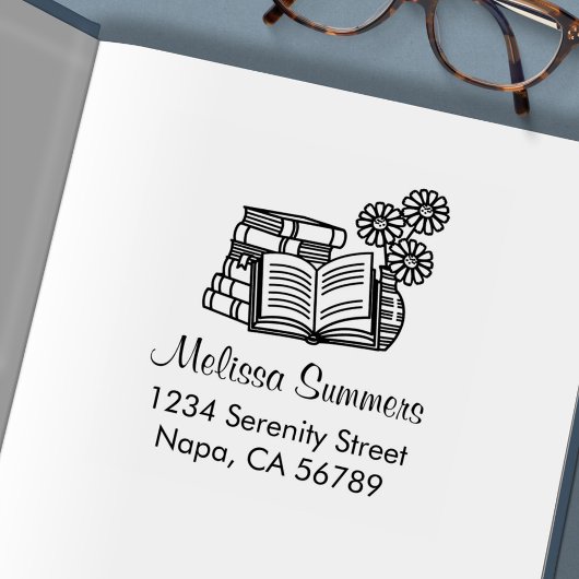 本の山、開いた本、花 - 住所 セルフインキングスタンプ